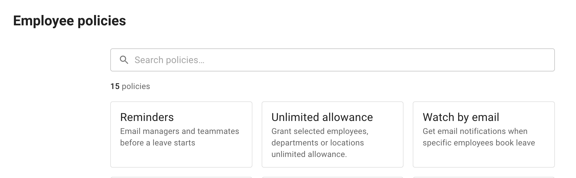 The Employee policies page, a grid of policy tiles with the Reminders tile first