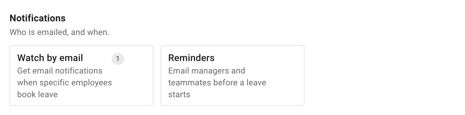 The Notifications group on the Employee policies page, with the Reminders tile beside Watch by email