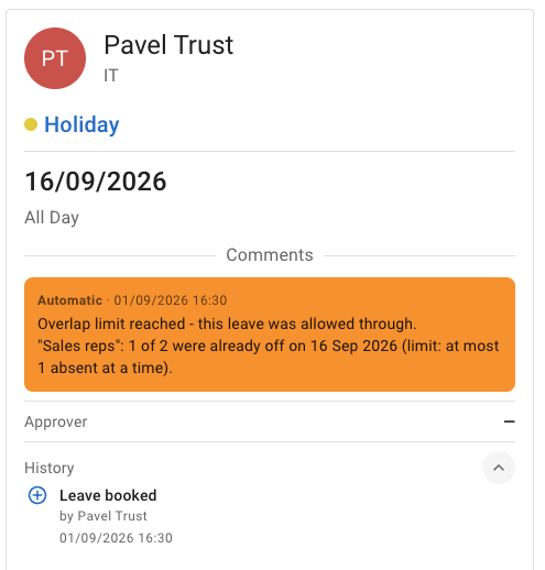 A leave's details panel showing the employee, the leave type and date, and in the Comments section an orange note labelled Automatic with a timestamp, saying the overlap limit was reached and this leave was allowed through, naming the group