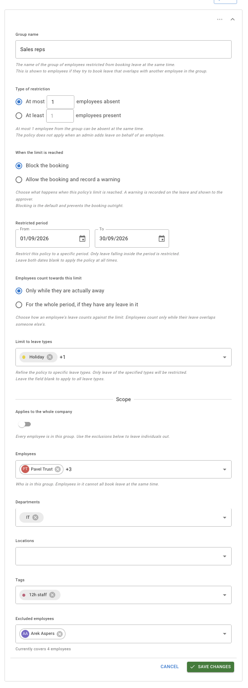 A restriction group open for editing, showing the group name, the type of restriction, what happens when the limit is reached, the restricted period, how employees count towards the limit, the leave types filter, and the Scope block with its whole-company switch, employees, departments, locations, tags and excluded employees