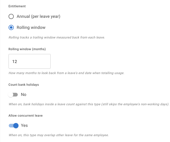 How to set up rolling window in TimeOff