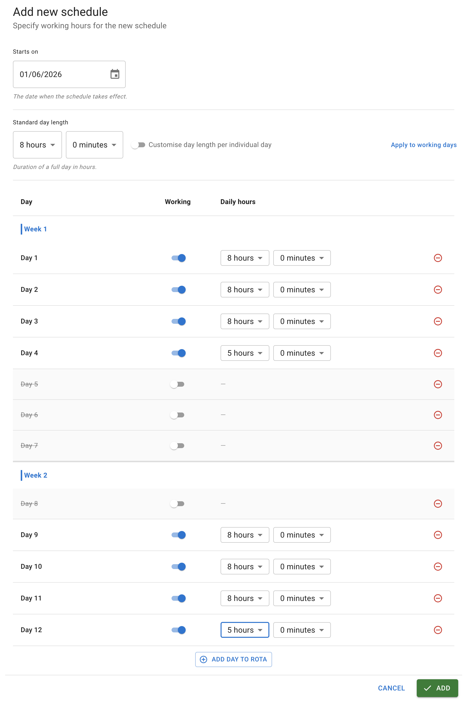 Rota schedule with standard day adjustment