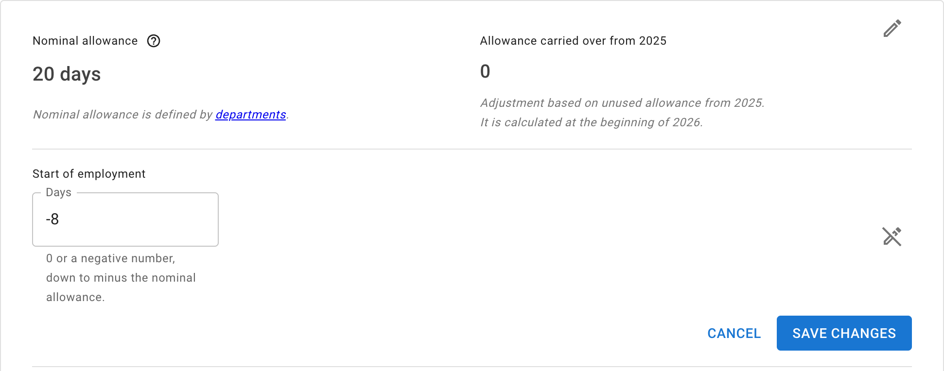 The Start of employment side with its field open: a Days field holding a figure an admin has typed, the field's help text, and the Cancel and Save changes buttons