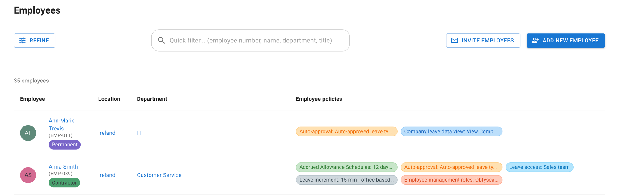 The Employees list with the Quick filter box above it, and two employee rows each showing a coloured tag under the employee's name and number