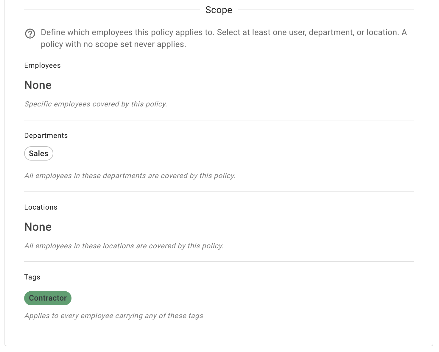The Scope section of a Leave Access policy, with Employees set to None, one department selected, Locations set to None, and a green Contractor tag under Tags above the line Applies to every employee carrying any of these tags