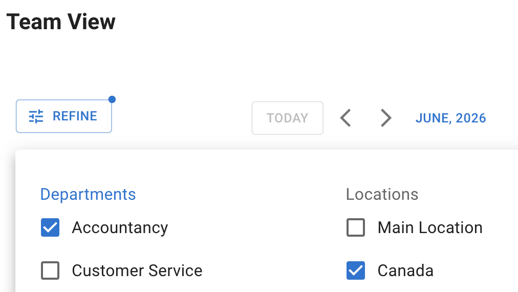 Team View quick filter showing employees with leave on a selected date