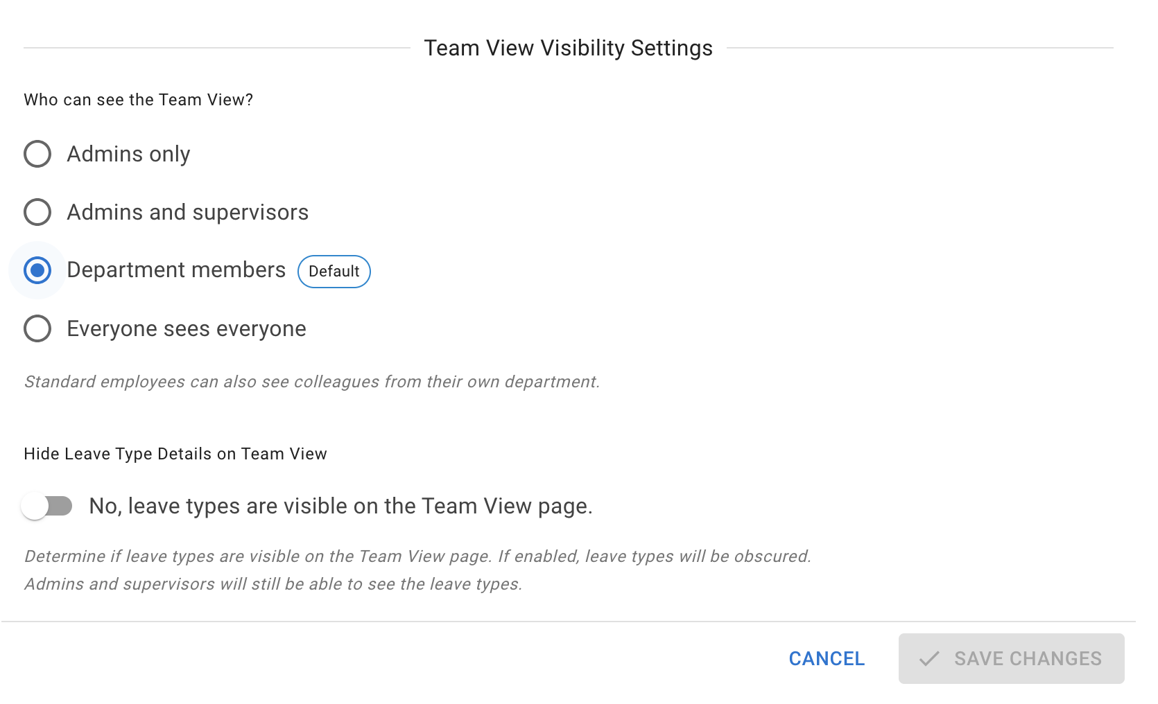 Team View visibility settings options