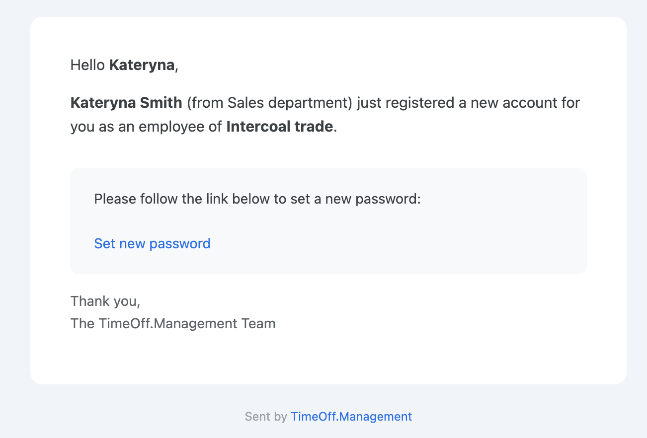 Email to new employee to set up a new password