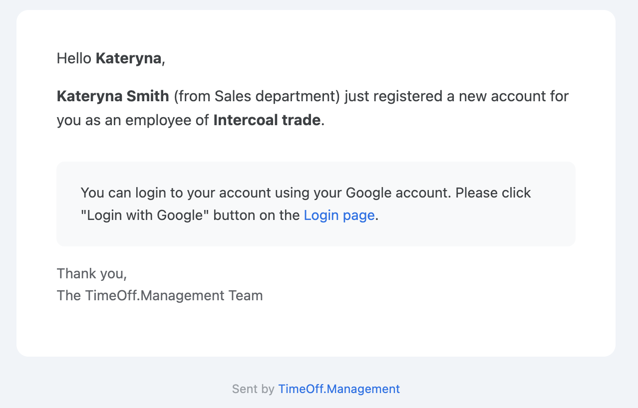 Email to new employee to login with SSO