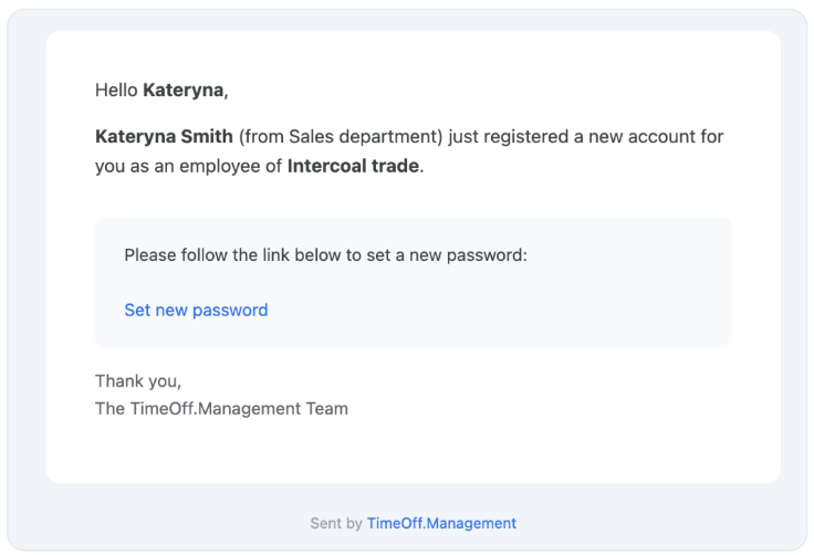 Welcome email to set up password