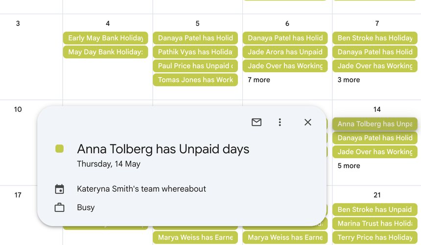 Calendar event popup showing employee leave details inside a connected holiday calendar
