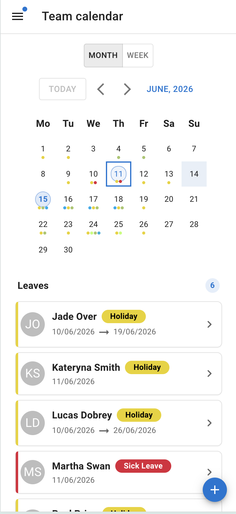 TimeOff.Management team calendar on mobile