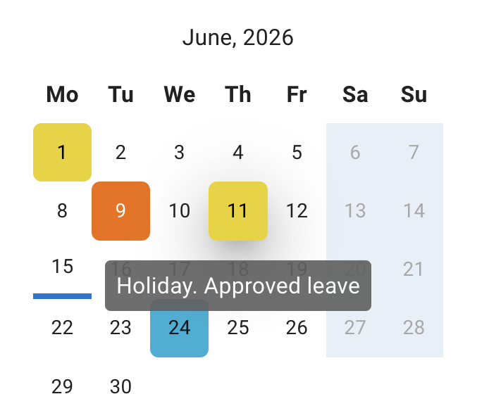 Approved leave shown on the calendar