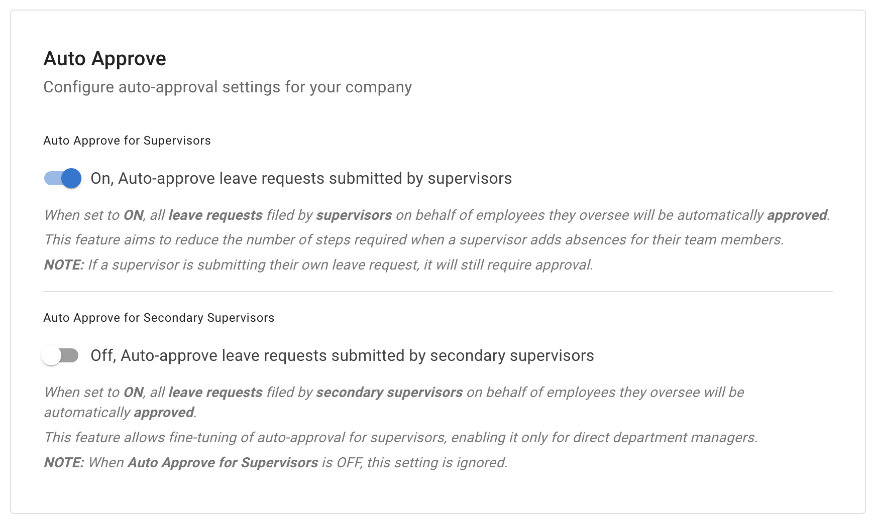 Screenshot of auto approve leave requests field