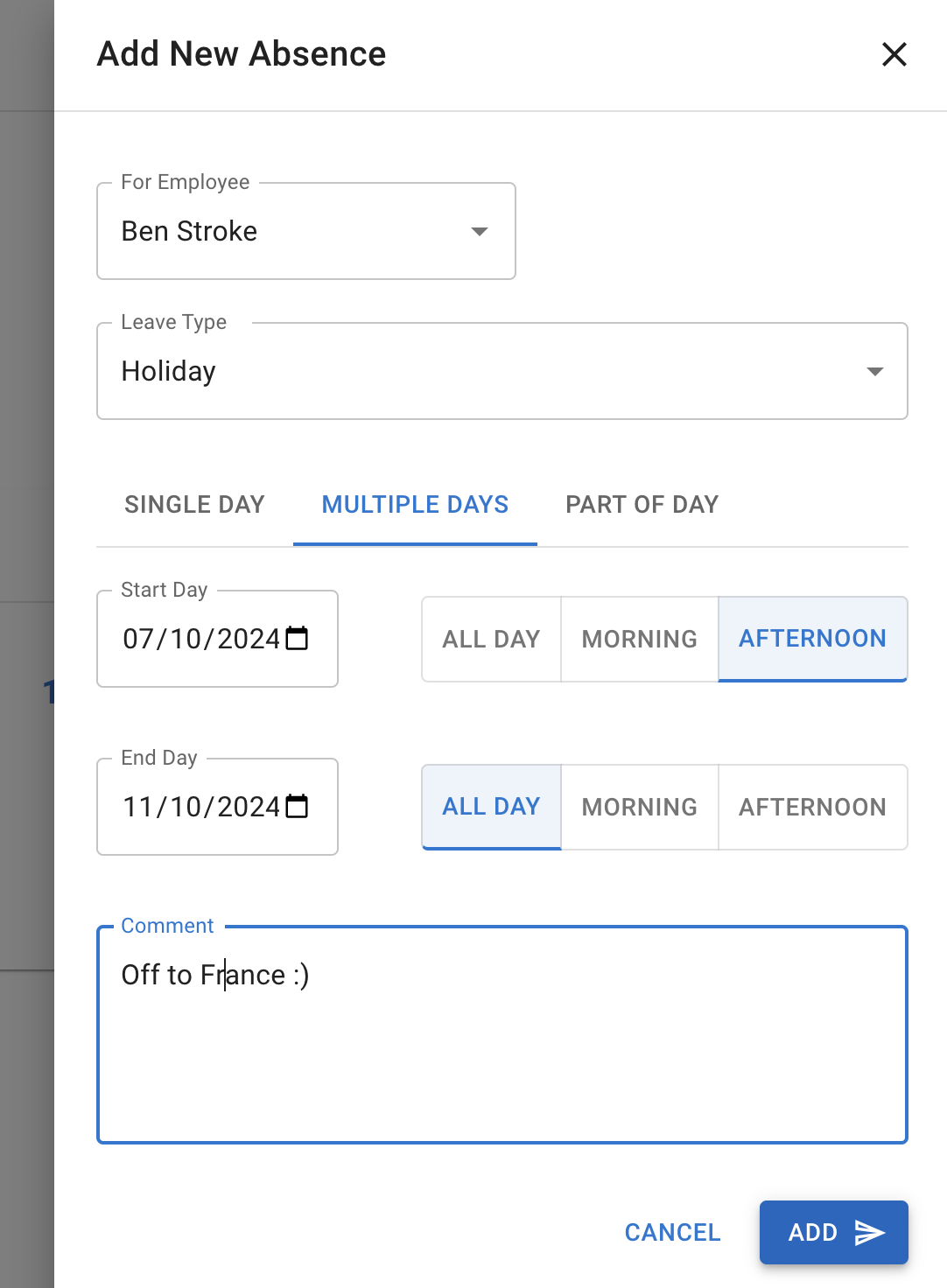 New absence multiple days booking form