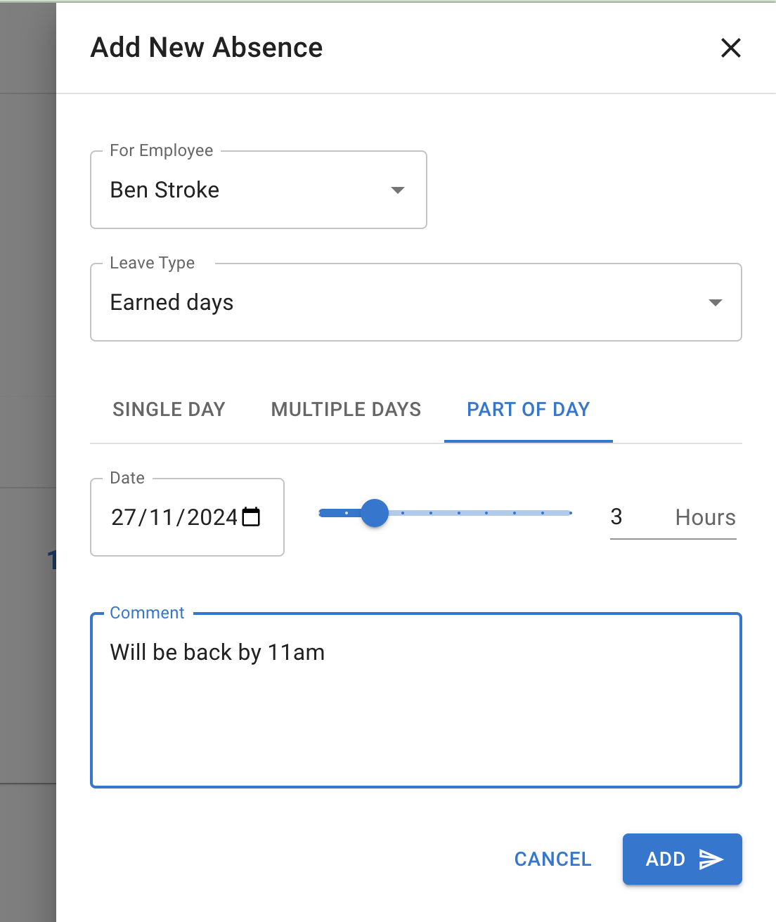 New absence Part of day booking form