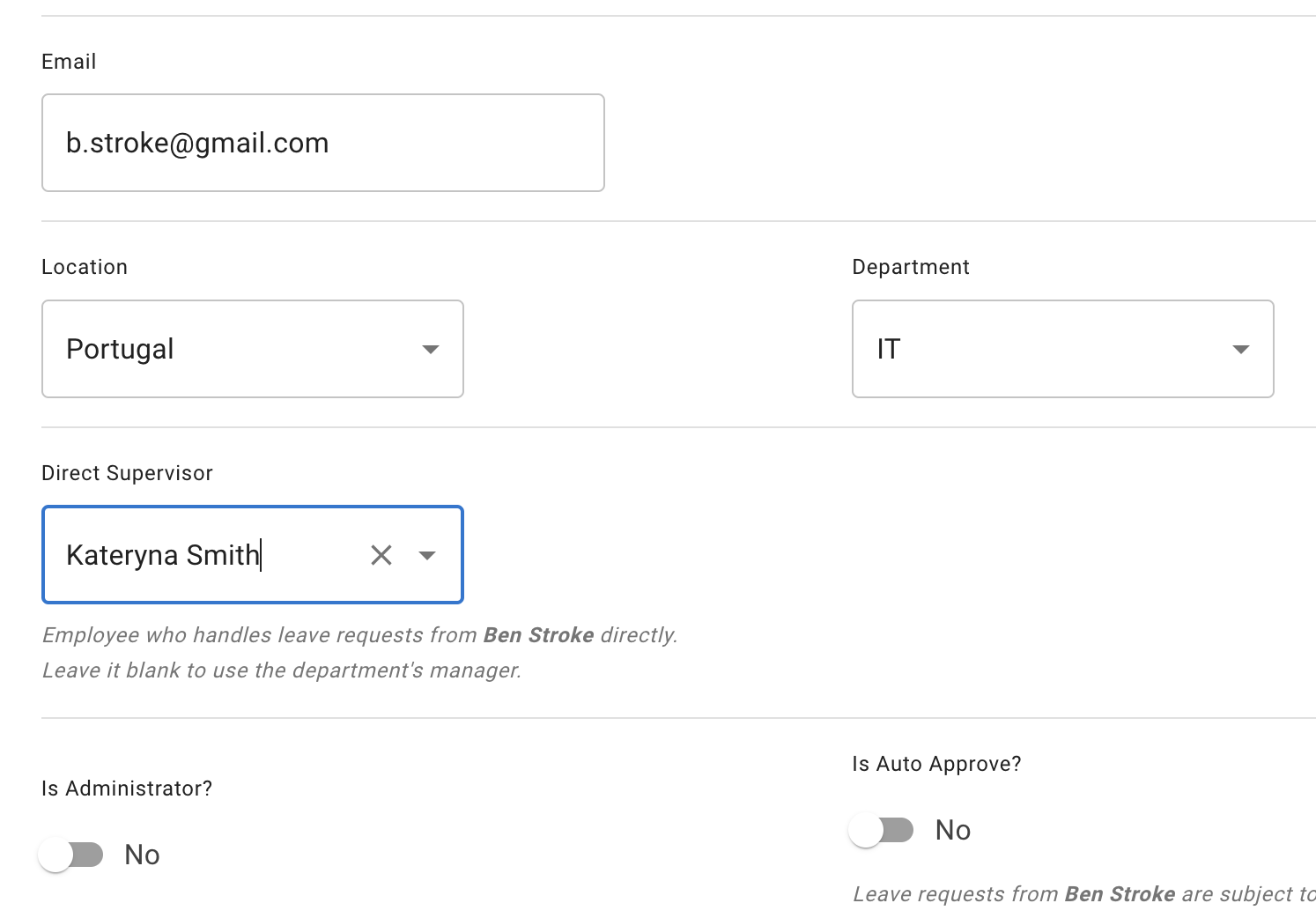 Direct supervisor set up in employee general details tab