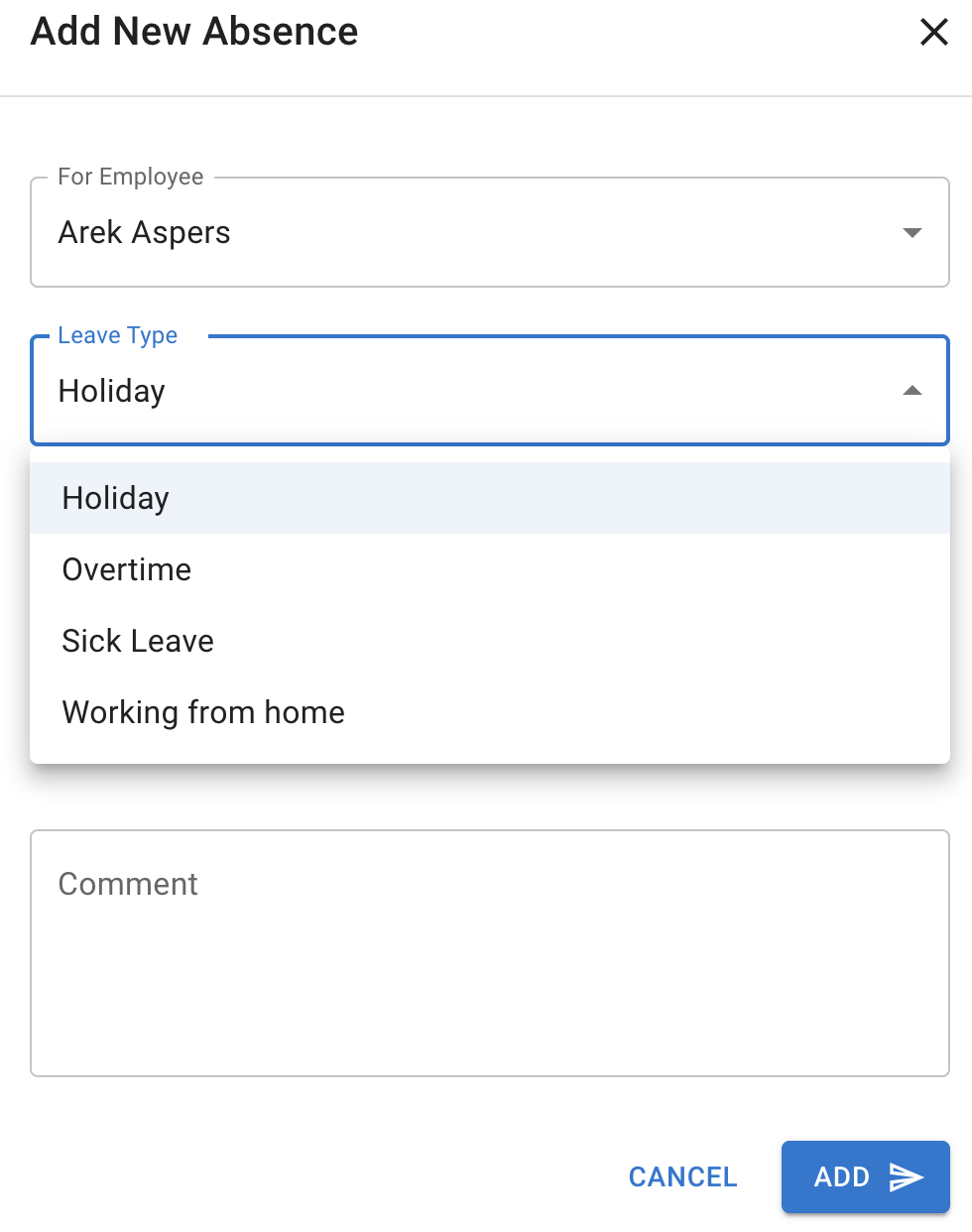 Employee New request form with list of leave types available at Time off manager