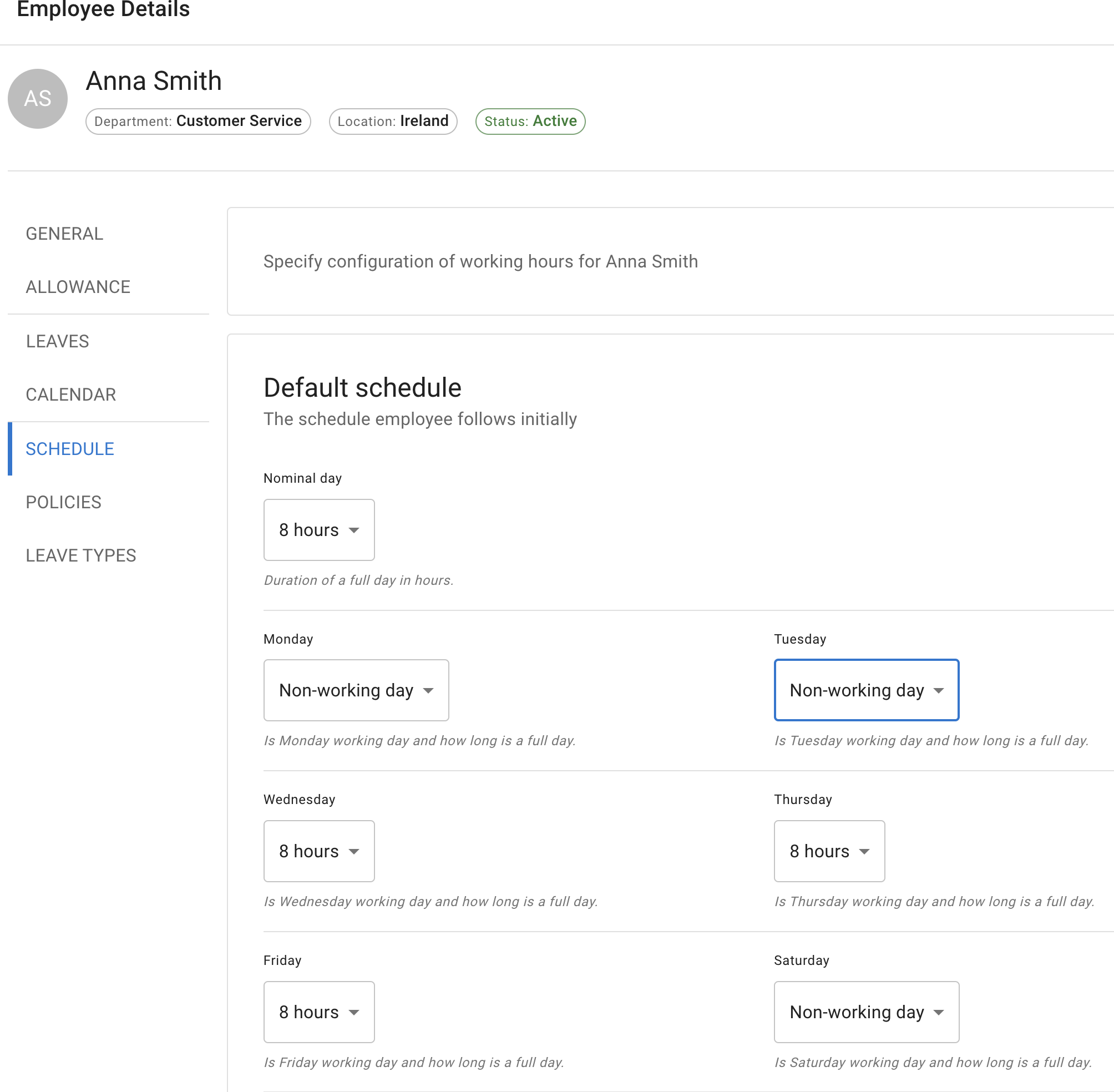 Default employee schedule adjustments