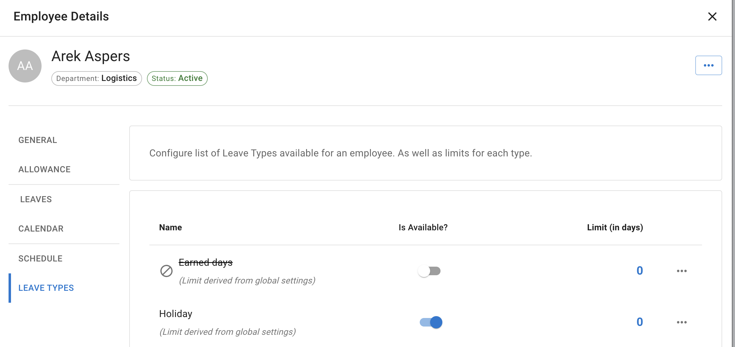 Employee details with Leave types tab open at Time Off management