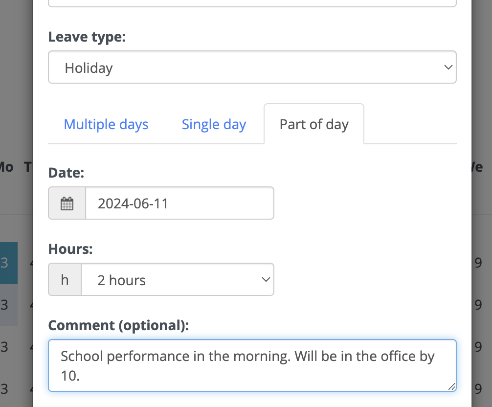 Example of partial leave request booked by employee