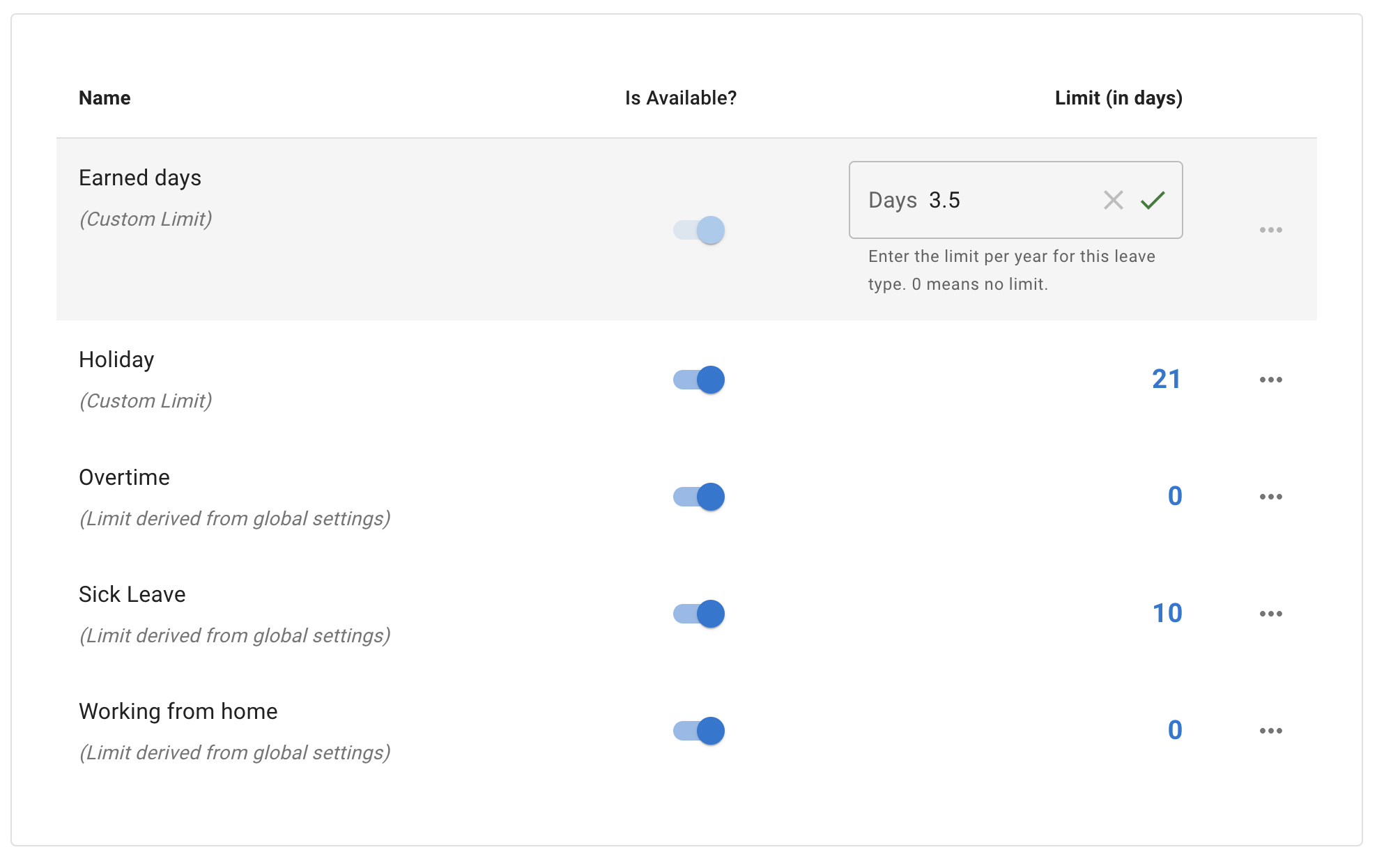 Screen with a list of individual leave types at  TimeOff.Management