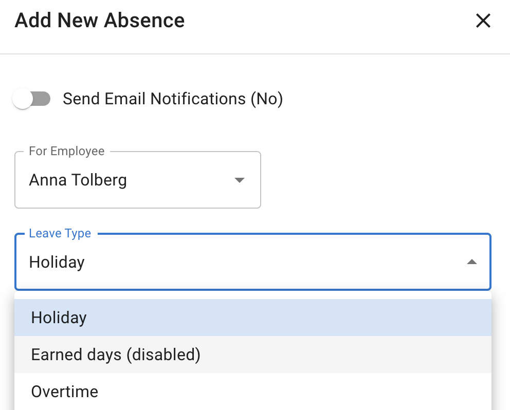 Employee New request form with list of leave types available at Time off manager