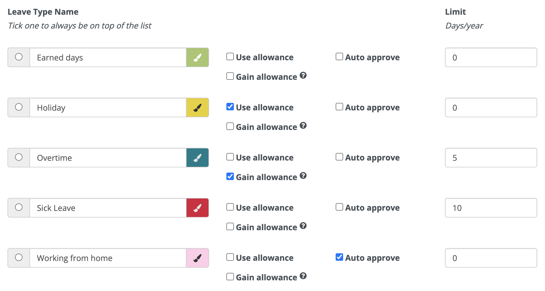 Leave types settings with gain allowance option selected for overtime leave type