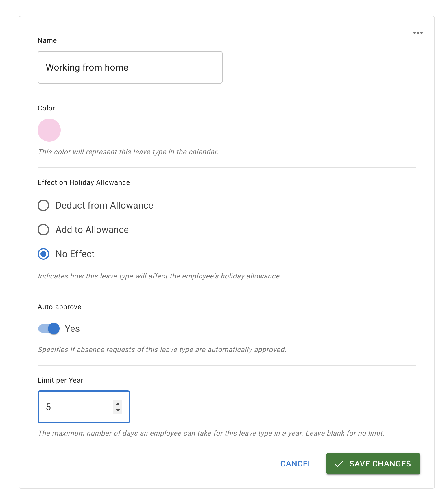 Screenshot of Leave types list with auto approval and use from allowance selectors