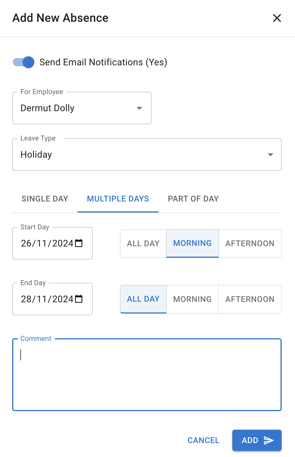 New absence booking form