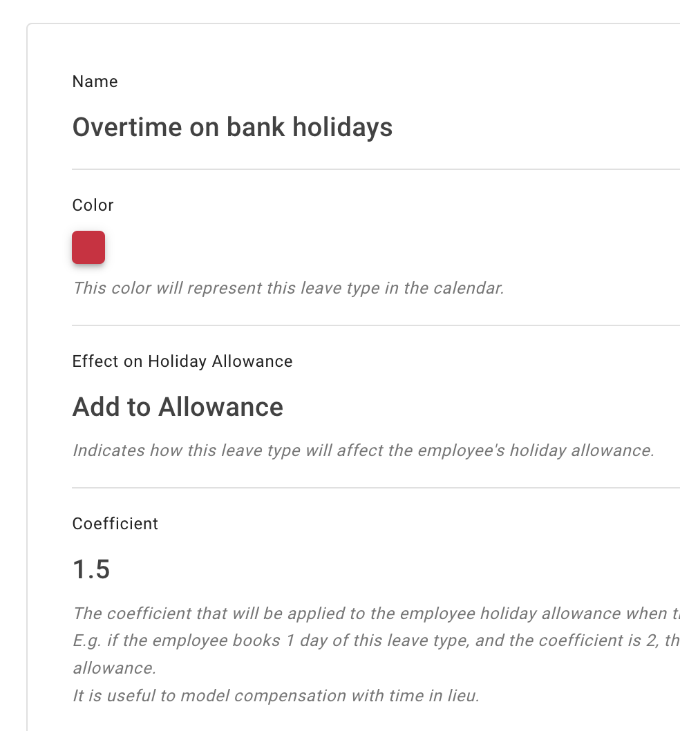 Different leave types created in  TimeOff - leave management for small businesses