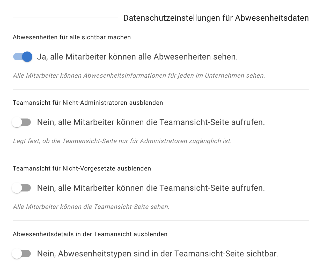 Datenschutzoptionen für die Teamansicht