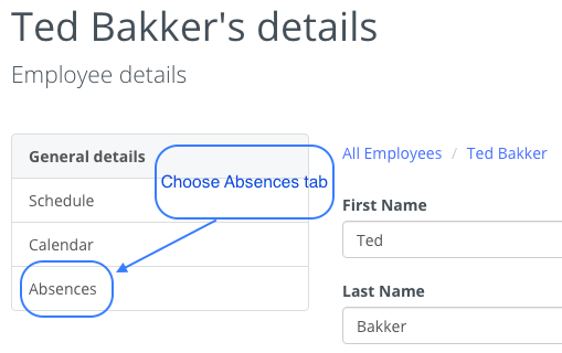 Employee details page with arrow pointing to Absences tab