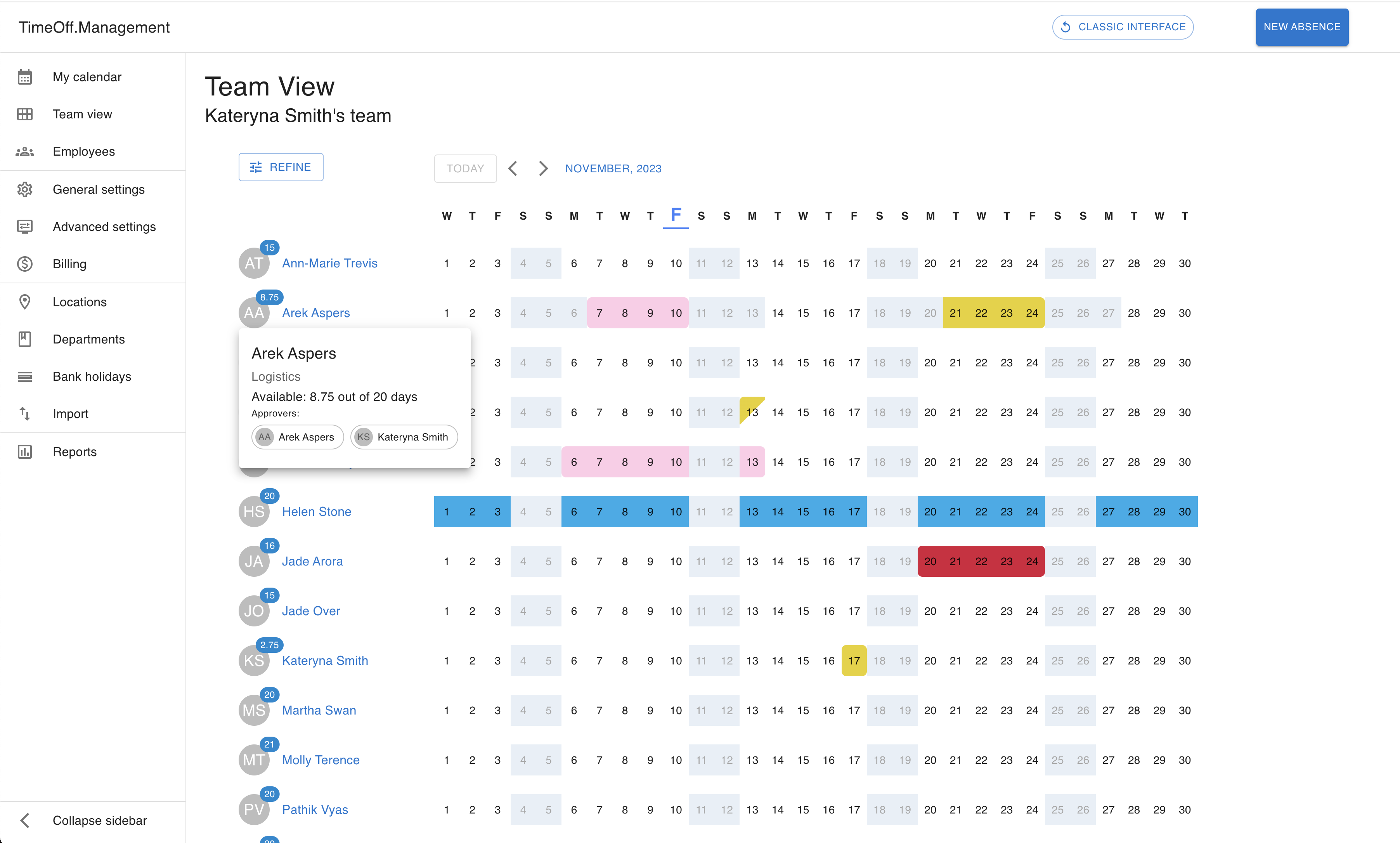 Screenshot of the TimeOff.management dashboard showing booked leave requests