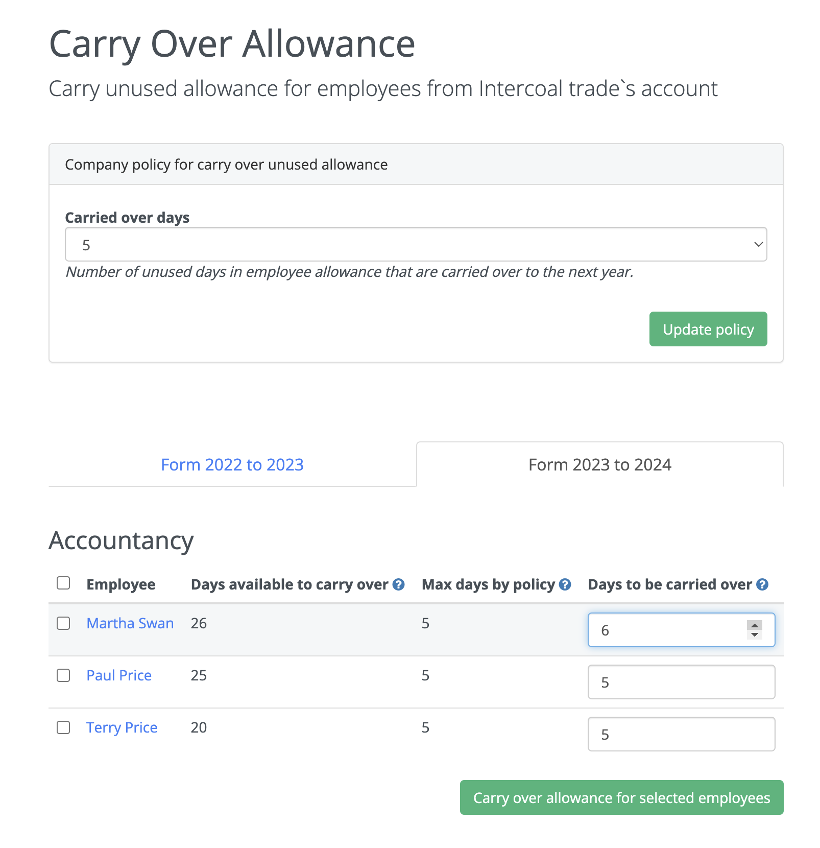 Carry Over Allowance page showing list of employees, carry over policy and days available to carry over 