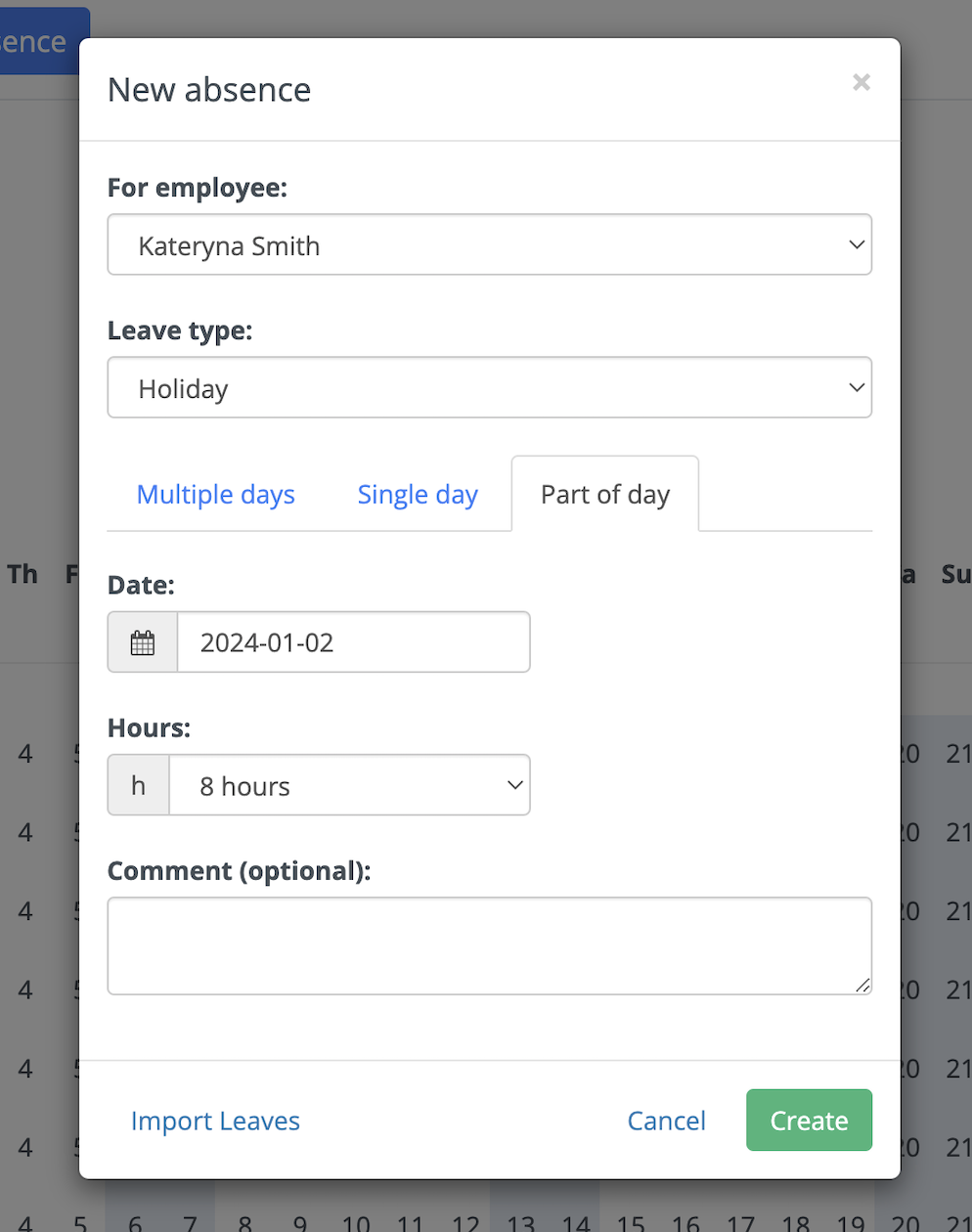 New absence booking form