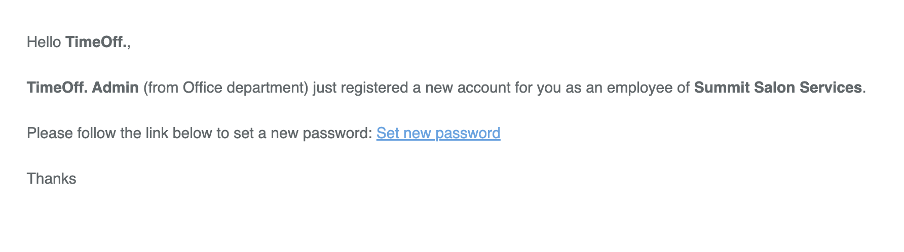 Email to new employee to set up a new password