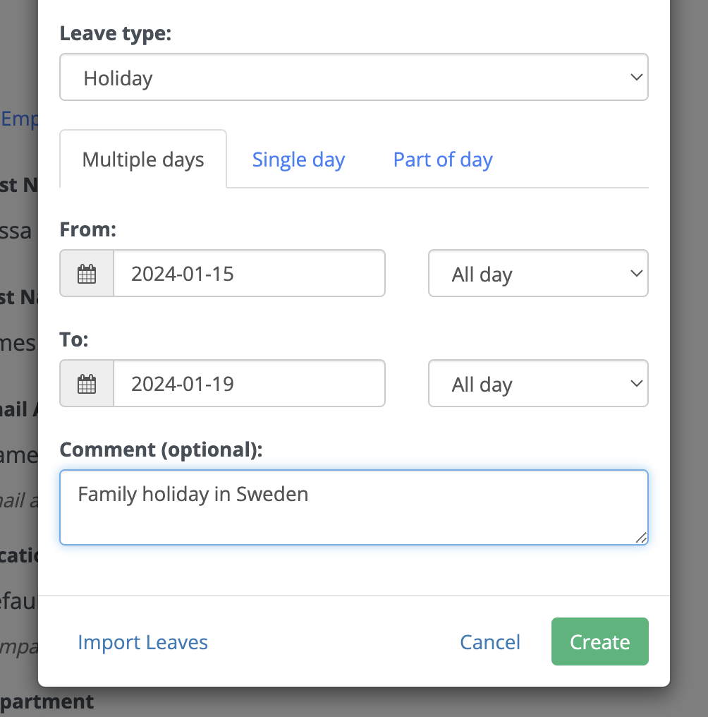 New absence multiple days booking form