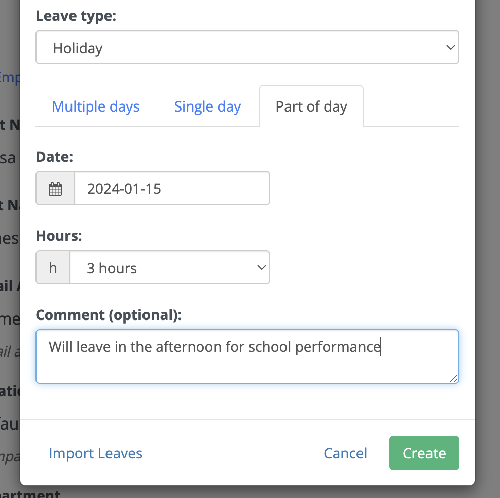 New absence Part of day booking form