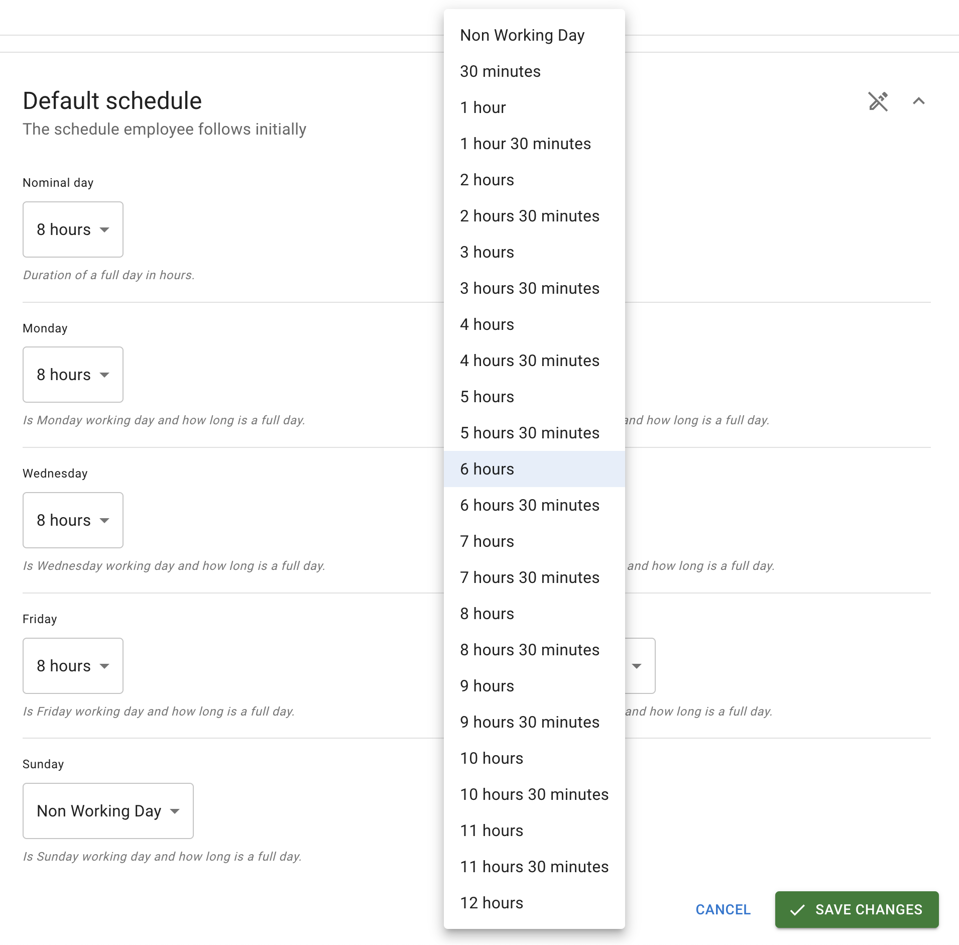 Employee schedule page with pop-up window to select number of working hours