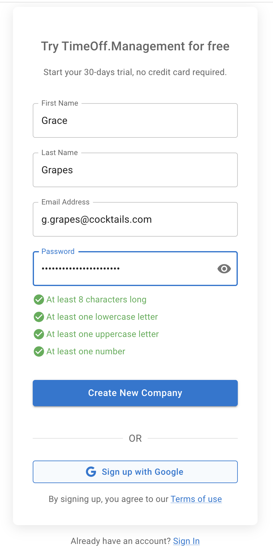 New company registration form