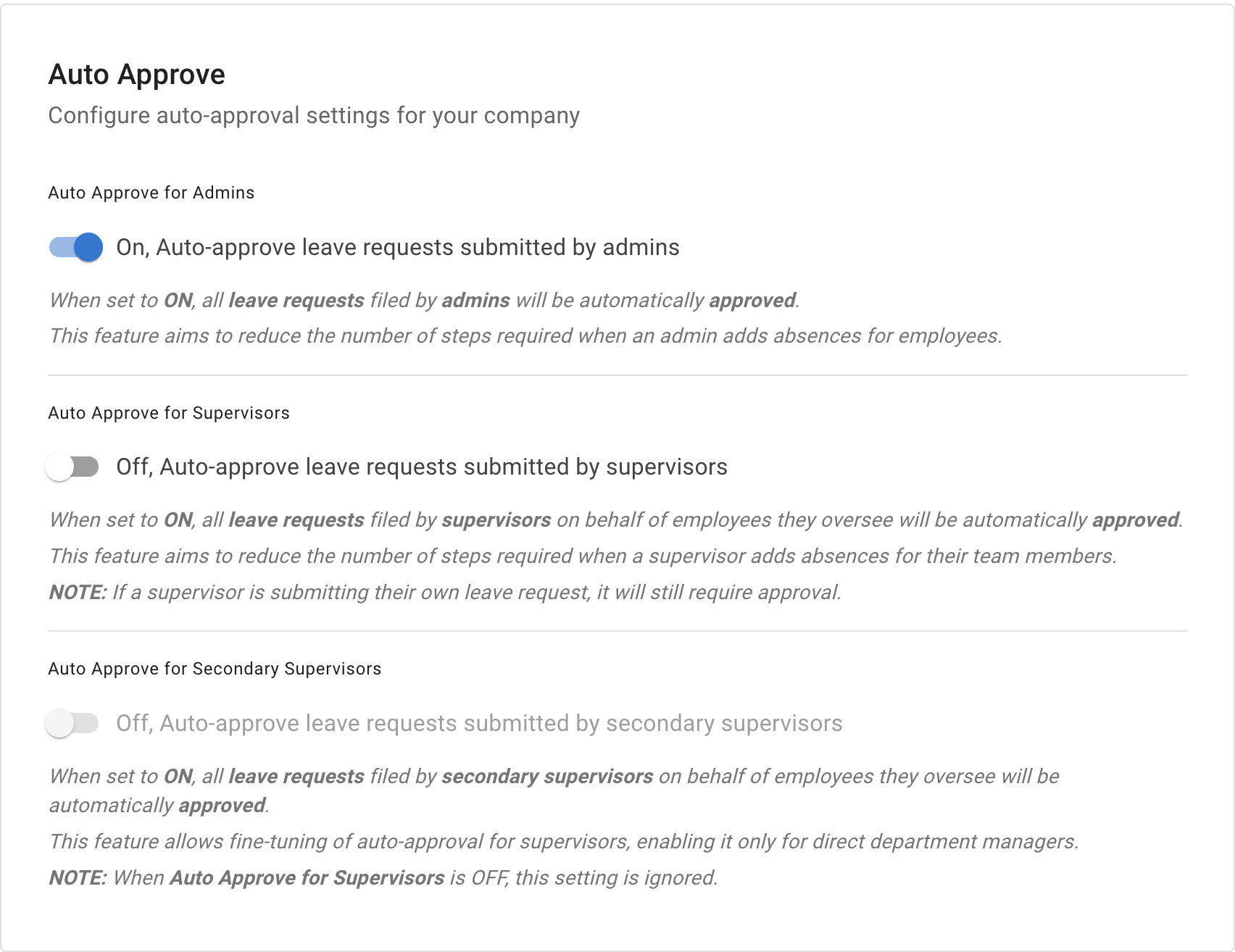 Screenshot of auto approve leave requests field