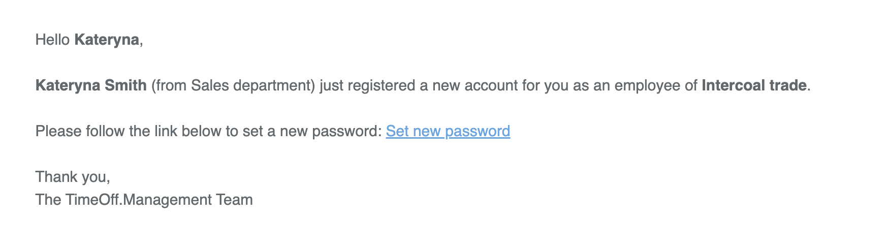 Email to new employee to set up a new password