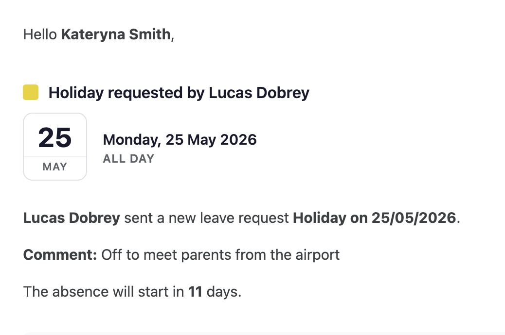 Email notifying a manager that an employee has requested holiday, ready to approve