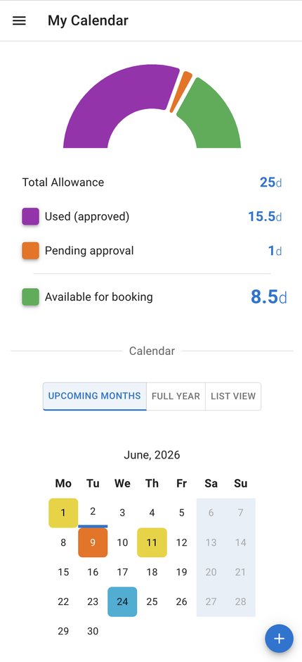 Employee self-service PTO calendar showing balance and booked time off