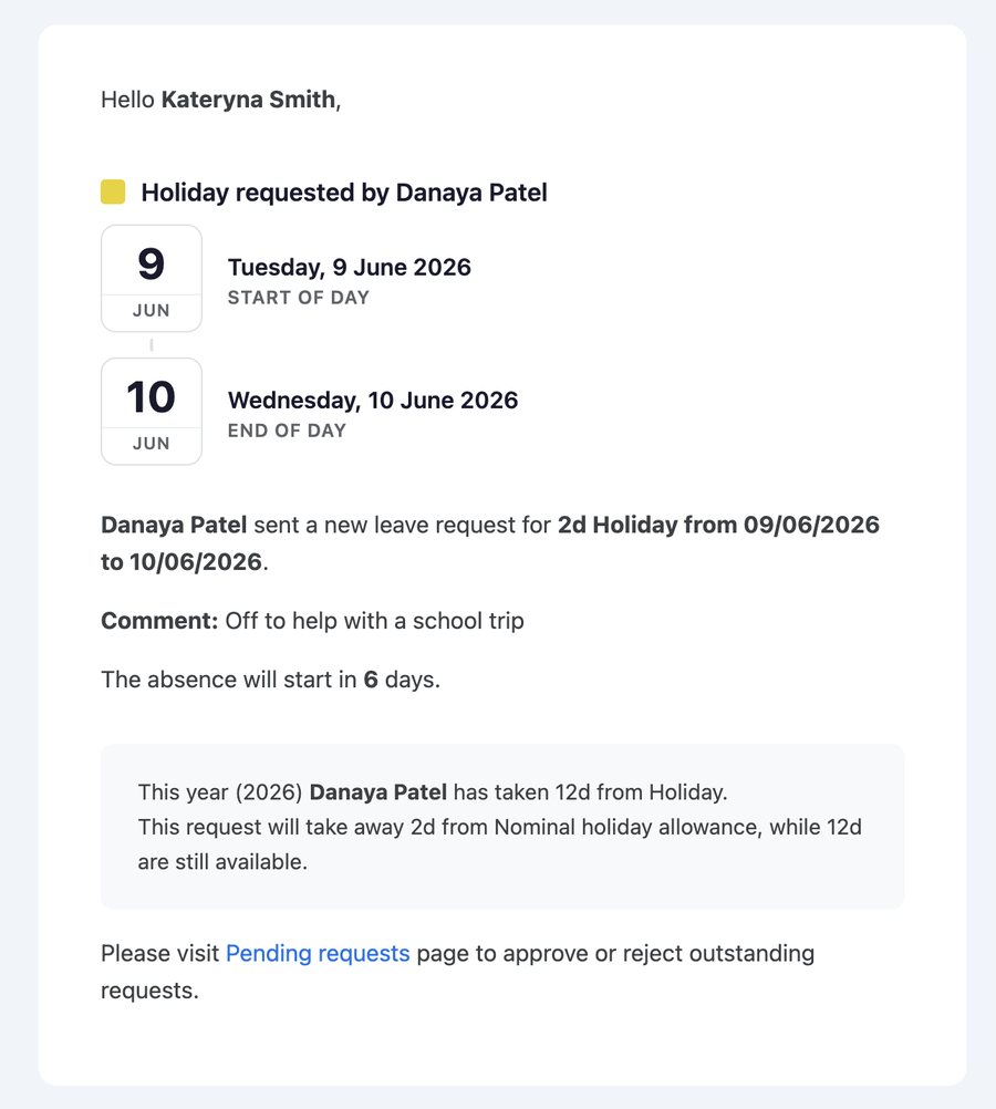 Manager email notification showing a paid time off request from Danaya Patel