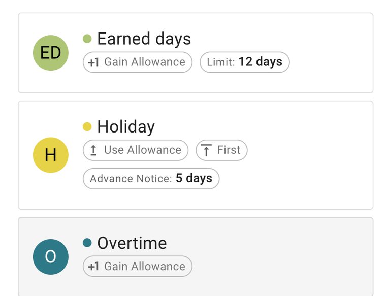Leave types configured for PTO, holiday, earned days and overtime